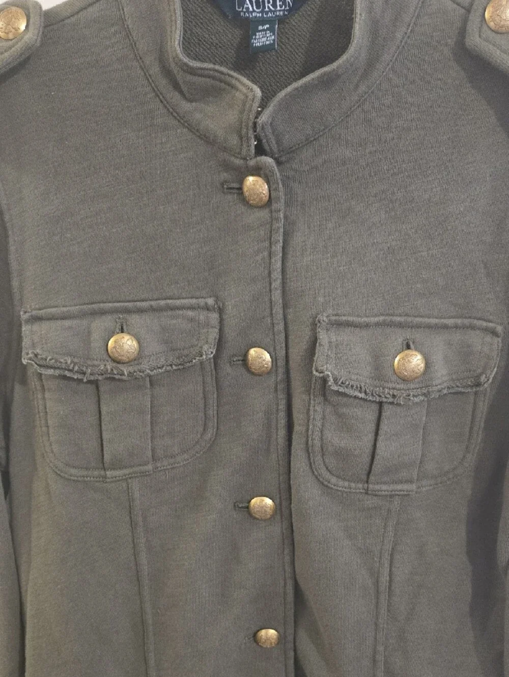 LRL Olive Green French Terry Cargo Utility Jacket Buttons S Military Style Layer
